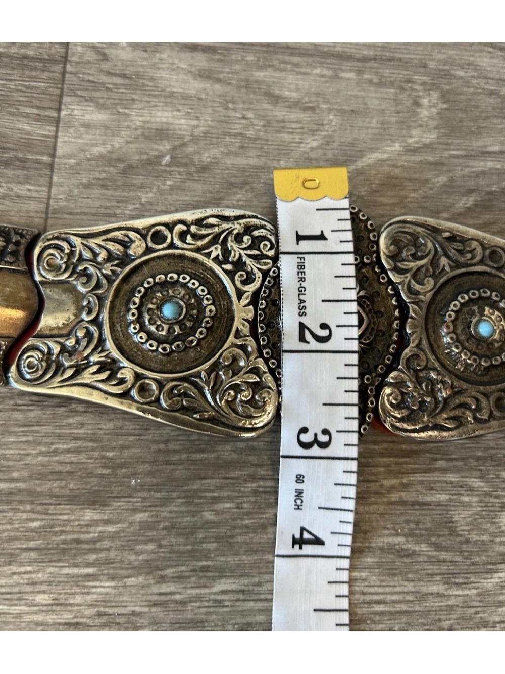 Vintage Red Leather Concho Belt Turquoise Silver Tone Western Boho 36.5” S/M - Picture 7 of 16